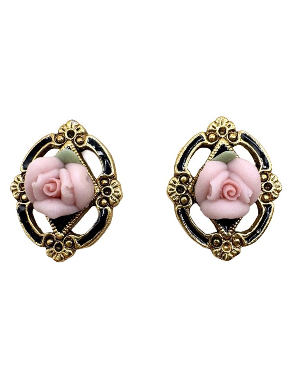 Vintage 1990s Porcelain Rose Earrings Victorian Revival 1928